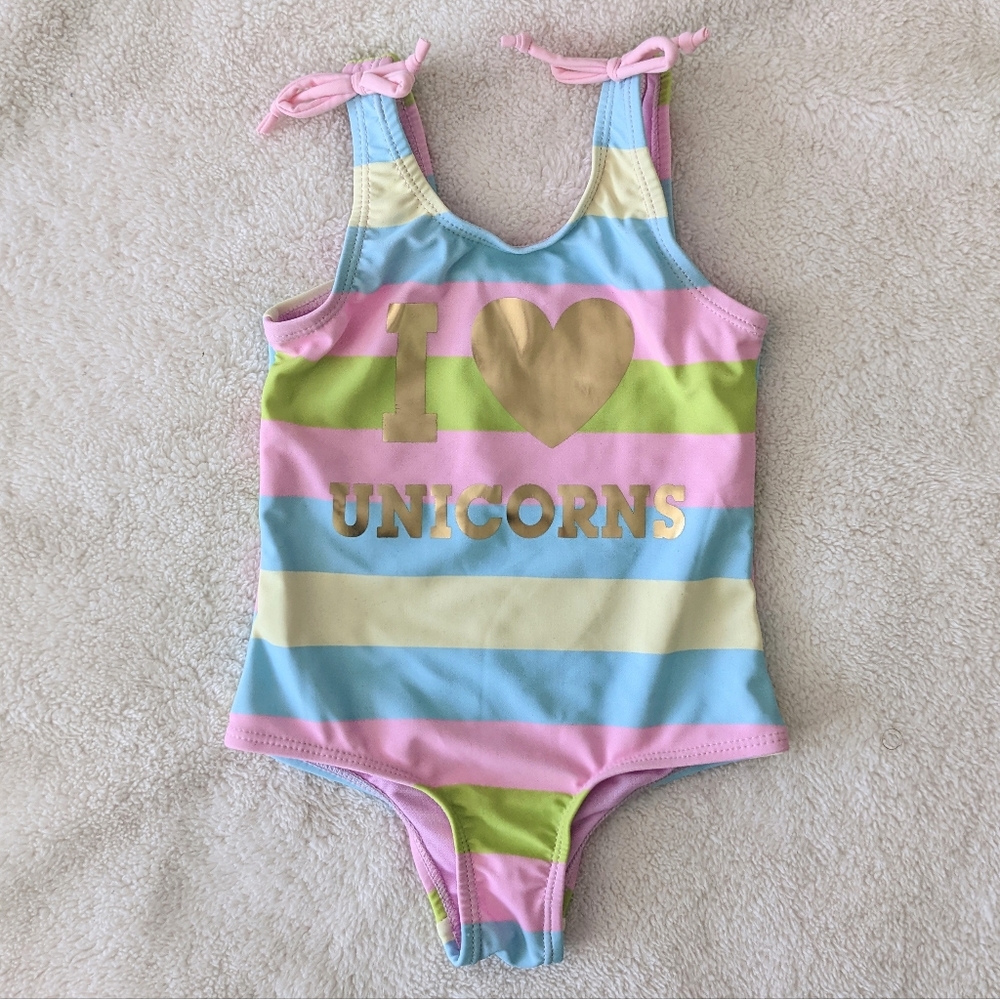 Sweet Pineapple toddler stripe 'I Love Unicorns" one-piece swimsuit. Size 2T